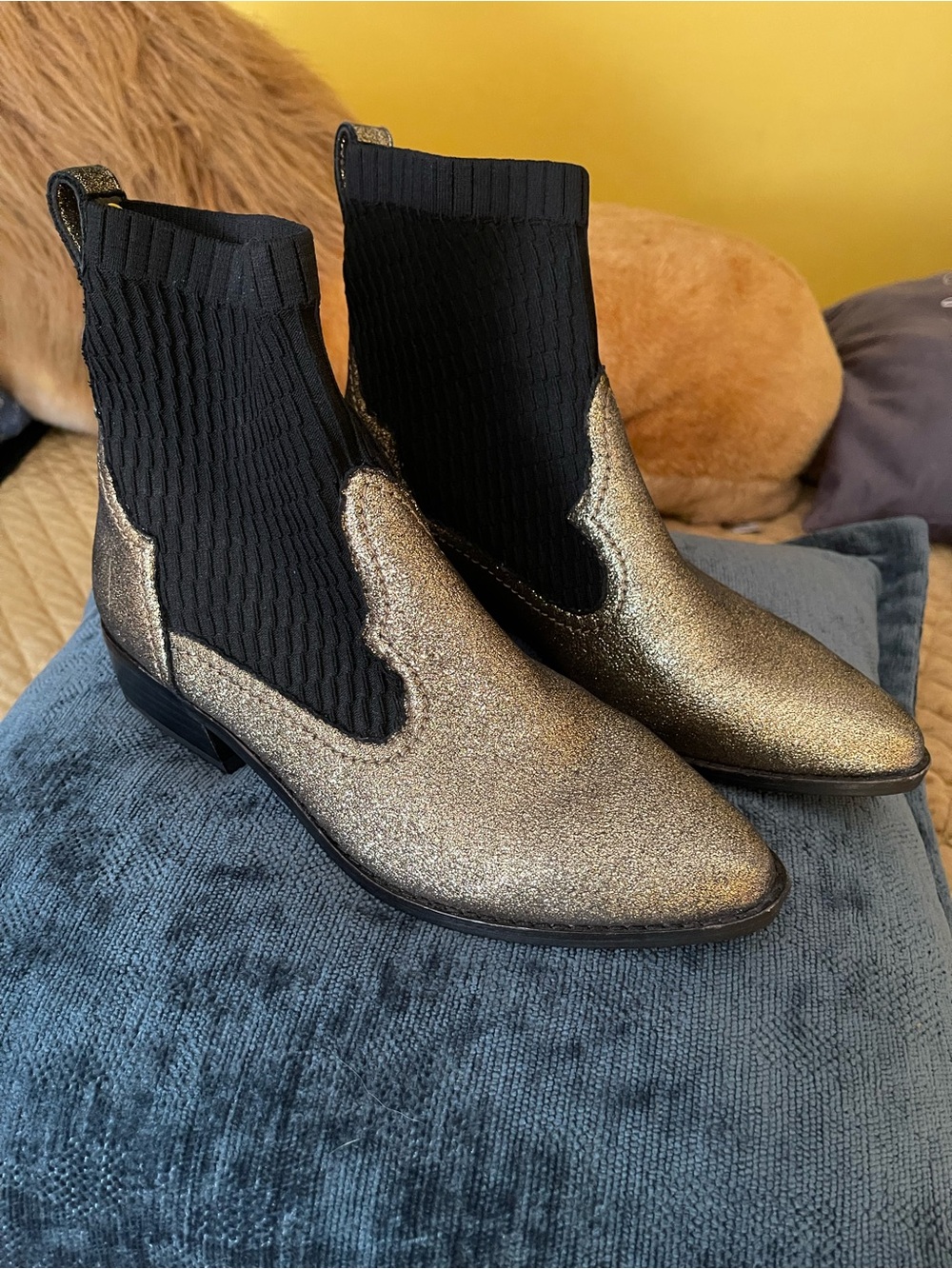 CECILIA NEW YORK Gold Glitter Sock Chelsea Ankle Boots